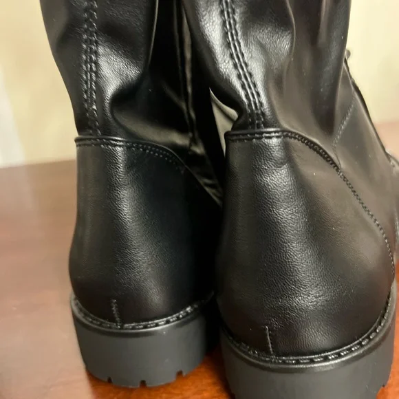 Azalea Wang thigh high Black stretch Faux Patent Lace Up Over Knee combat Boots - Picture 7 of 14